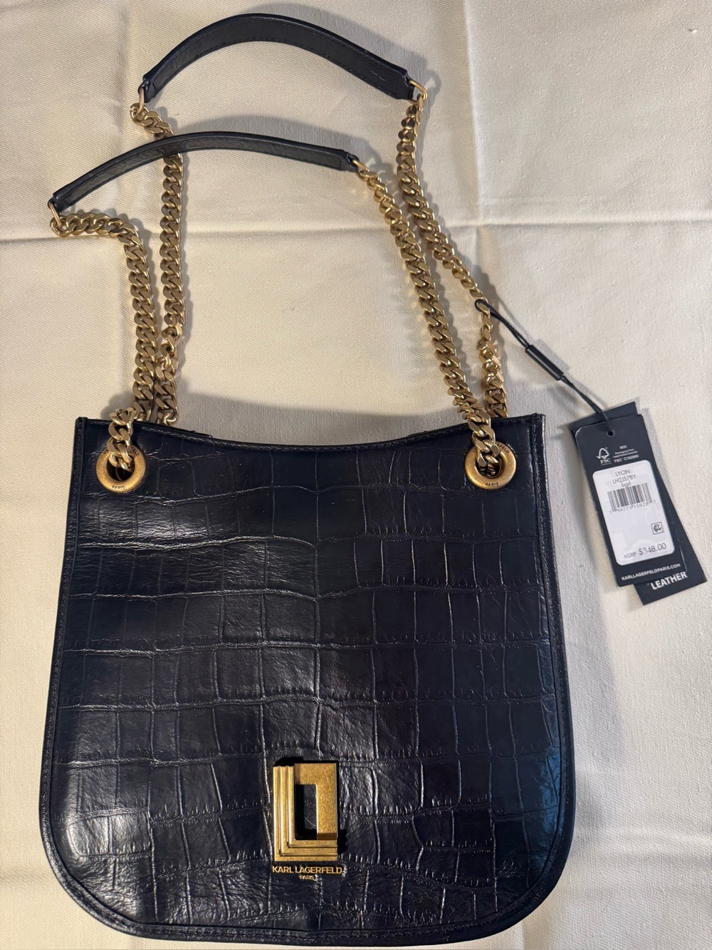 Karl Lagerfeld Black Croc-Embossed Leather Shoulder Bag with Gold Chain Detail
